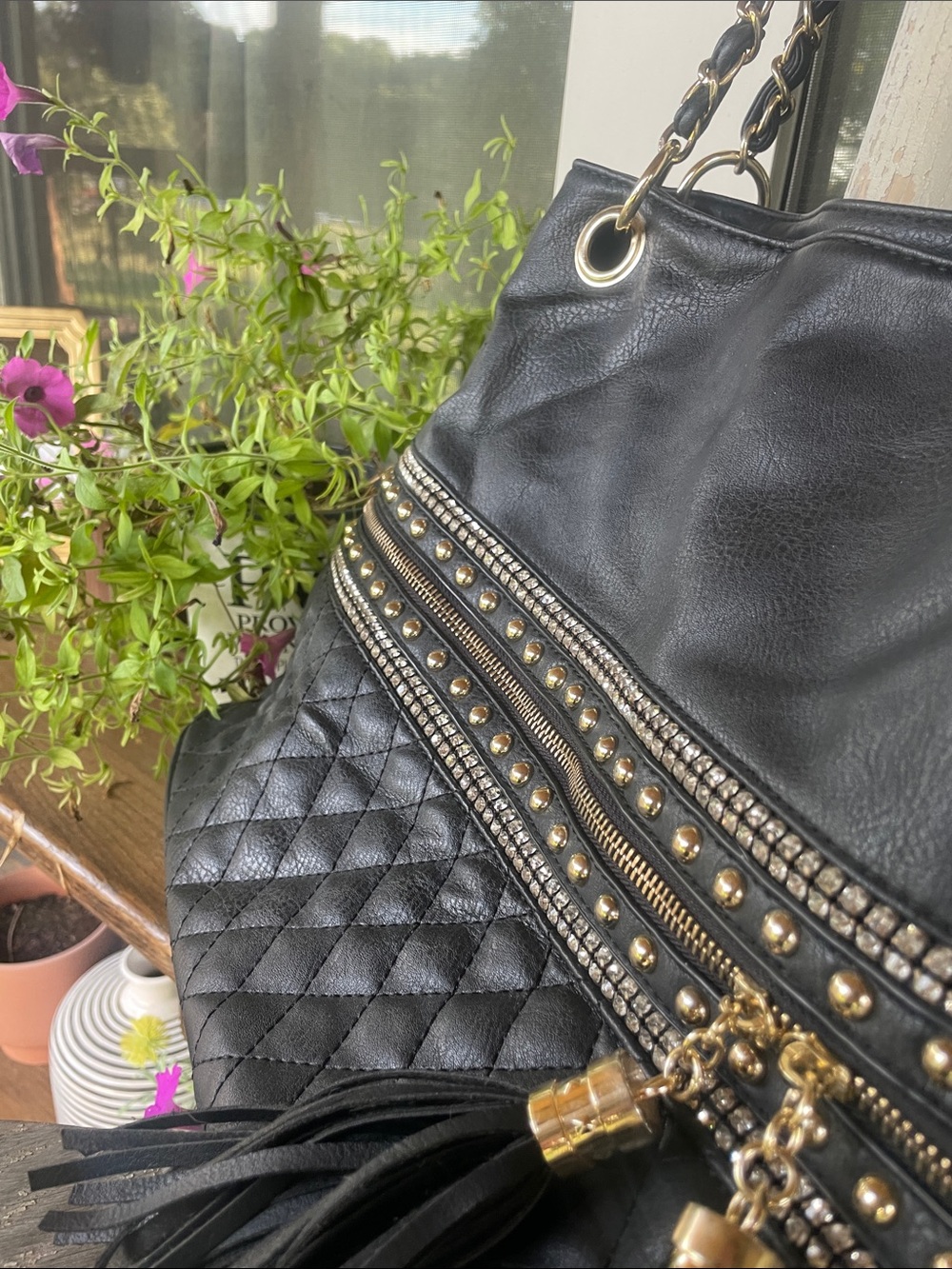 Black Quilted Shoulder Bag with Tassel and Chain Strap - Picture 7 of 9